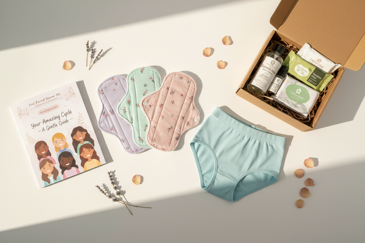 First period starter kit flat lay with organic pads, heating pad, journal, snacks and guidebook