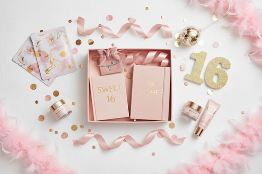 Sweet 16 coming of age gift box flat lay with silver jewellery, journal, skincare and celebration props