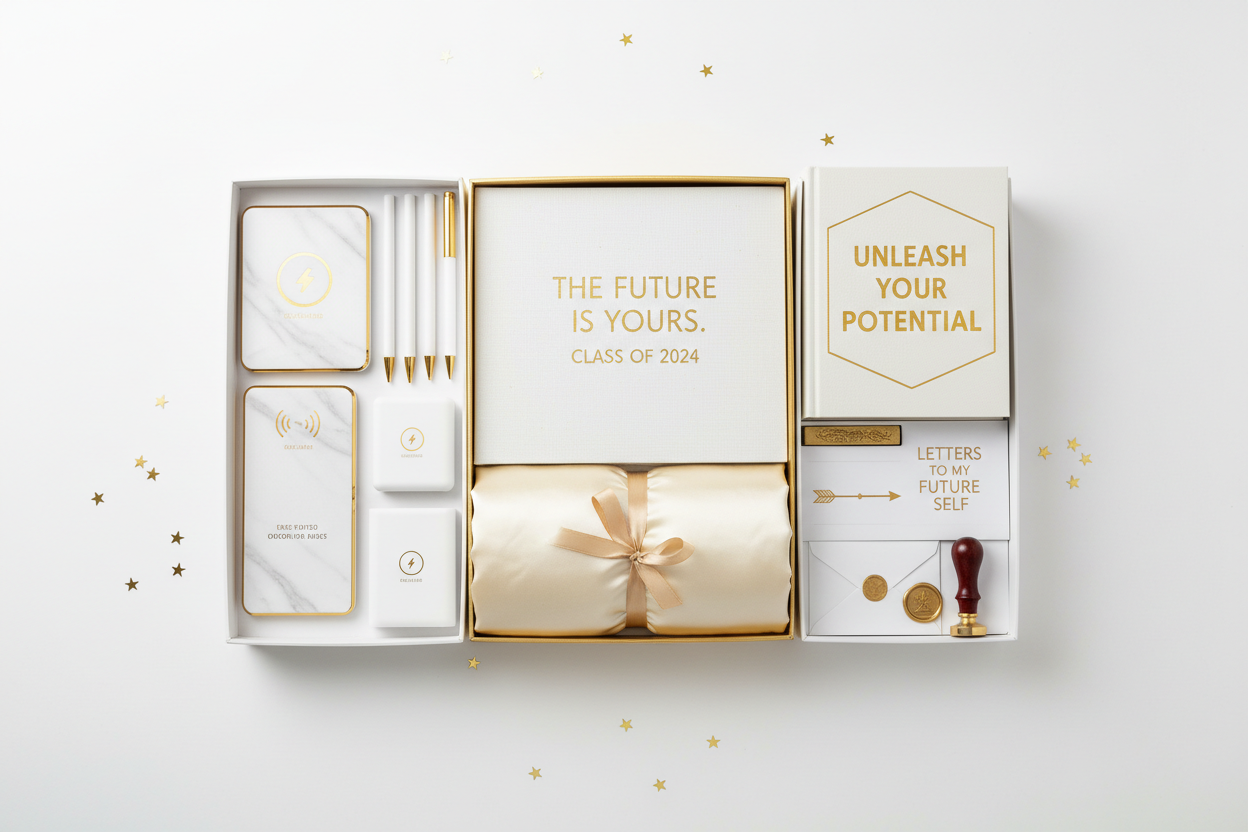 High school graduation gift box flat lay with planner, silk pillowcase, tech accessories, motivational book and letters to future self kit